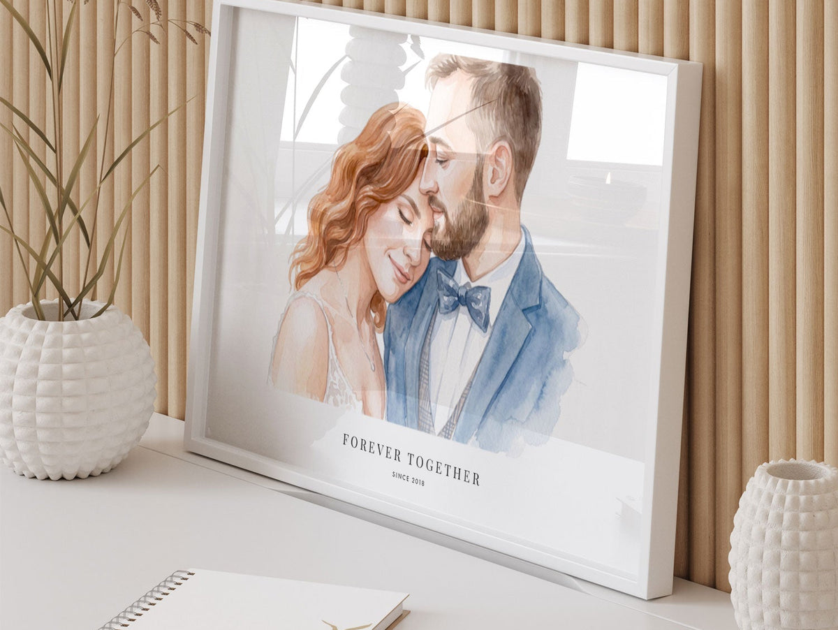 Romantisch bruiloft cadeau: aquarel portret van bruidspaar op tafel