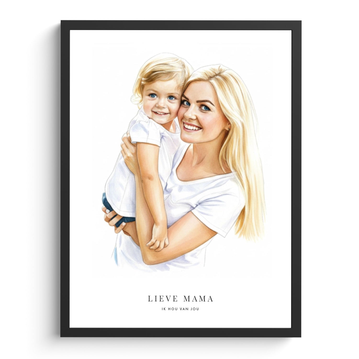 Moederdag cadeau aquarel portret van moeder en kind – foto naar illustratie