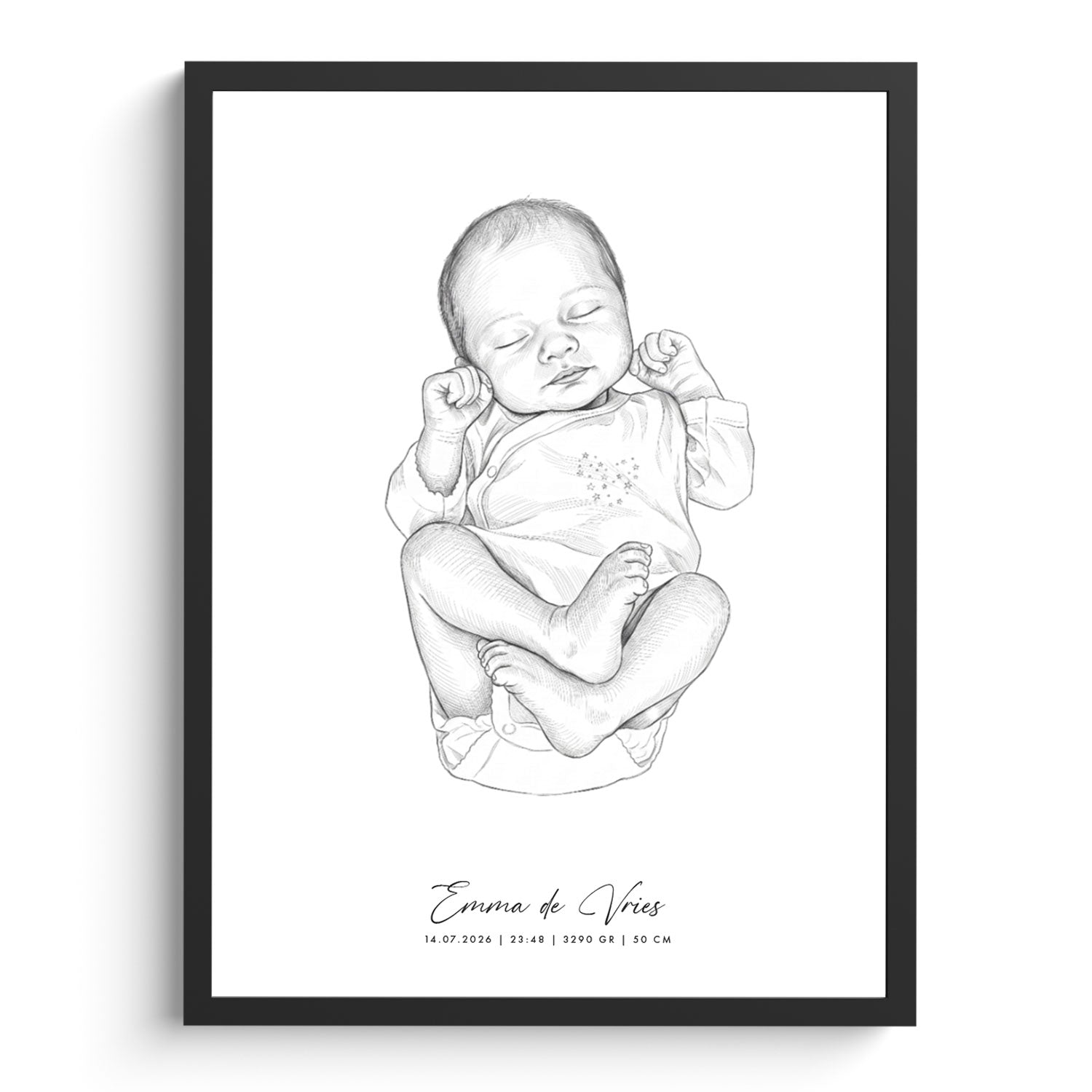 Baby tekening van een pasgeboren baby in een zwart kader met naam en geboortegegevens eronder.