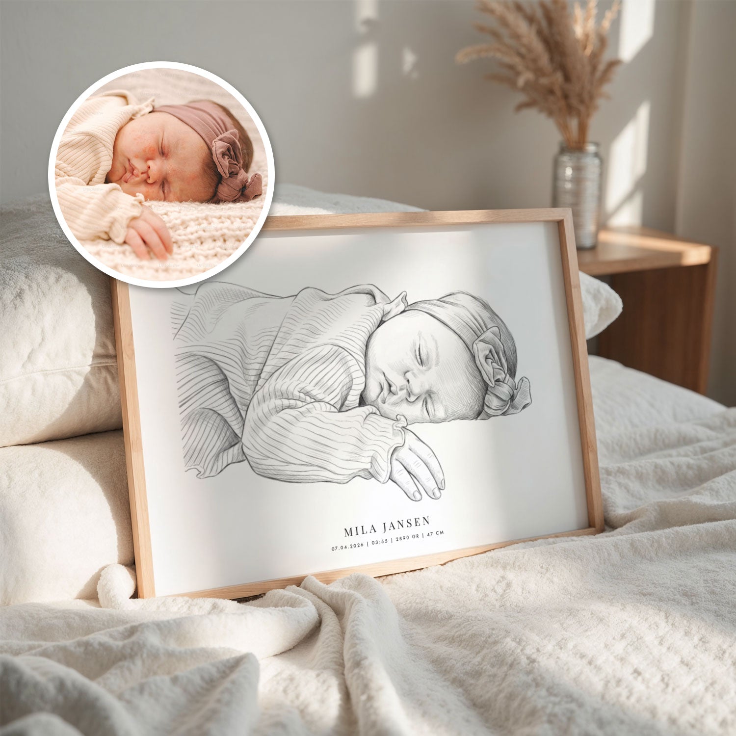 Baby tekening van een slapende baby in een houten lijst, met de naam en geboortegegevens eronder.