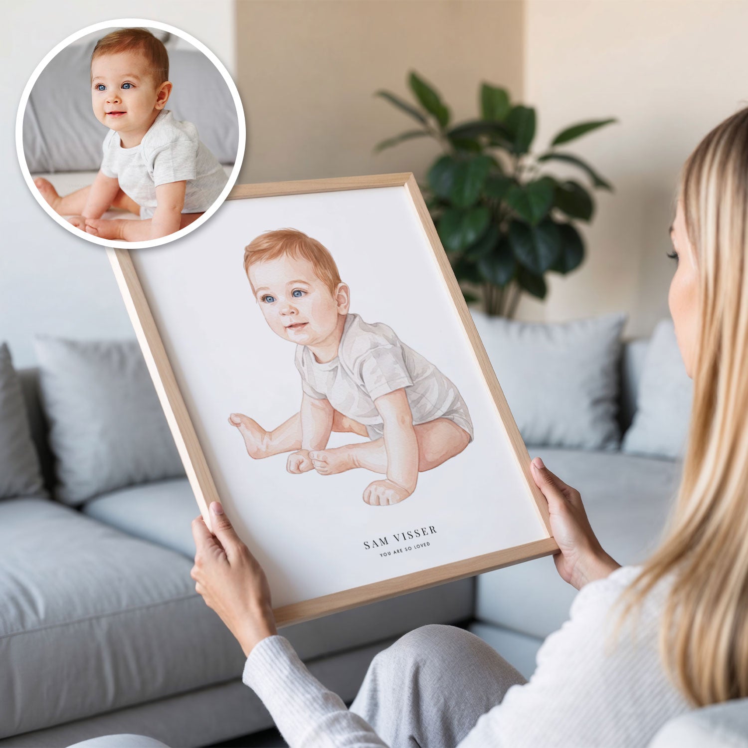 Baby tekening in een lijst, ontworpen van een foto, als persoonlijk kraamcadeau voor ouders.