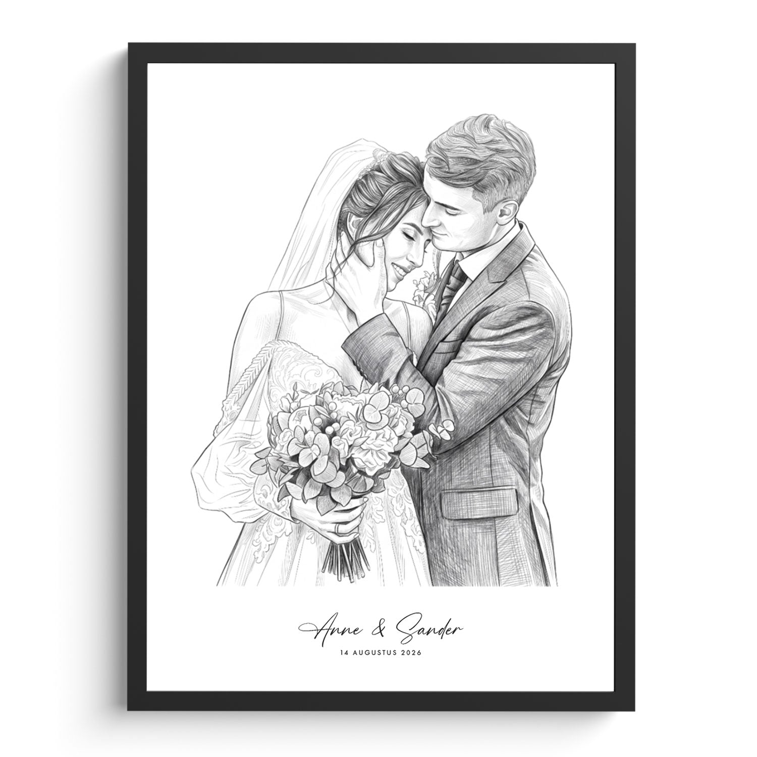 Potloodschets van bruidspaar in lijst, tekening van foto in zwart-wit