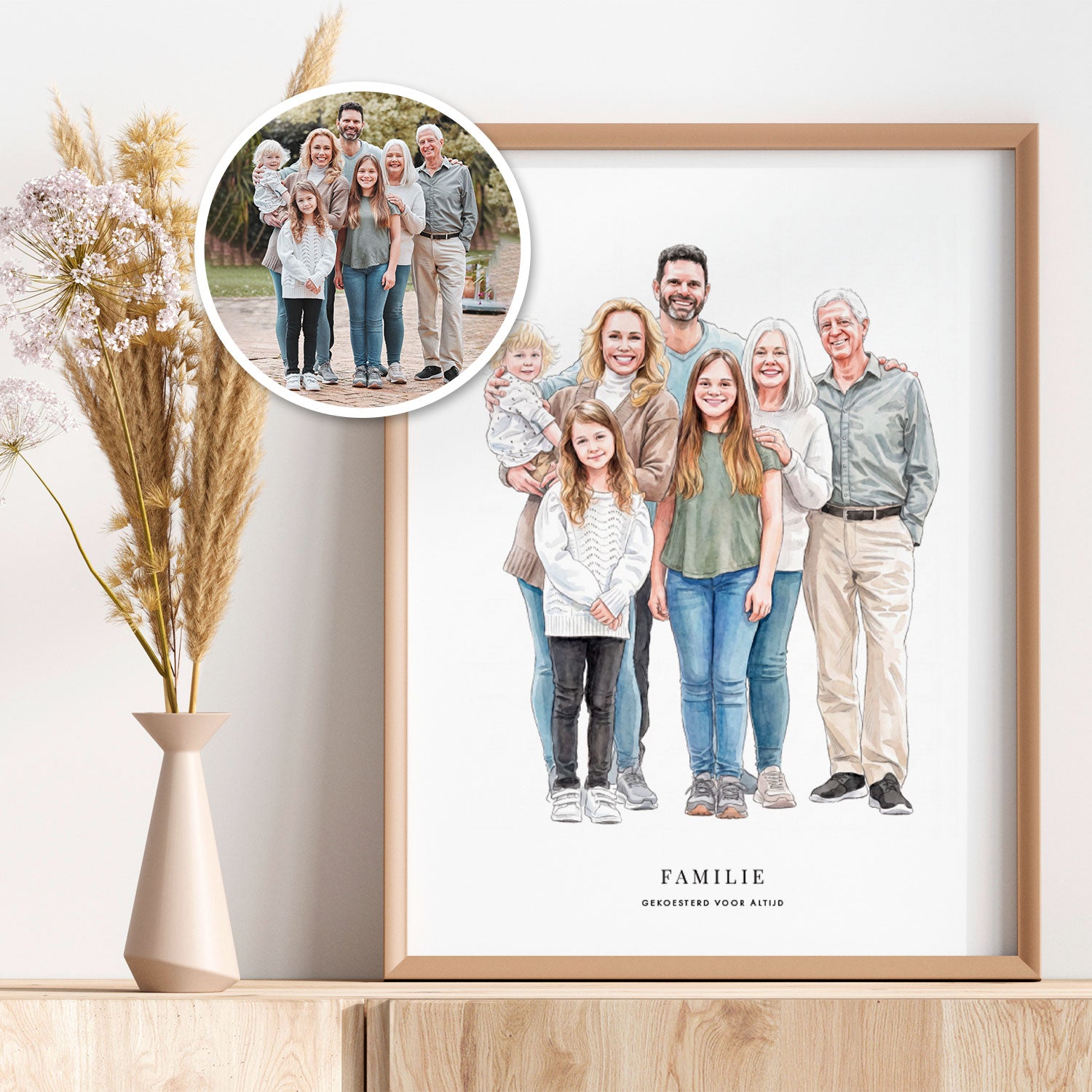 Familie aquarelportret in lijst met bloemen – foto naar illustratie cadeau