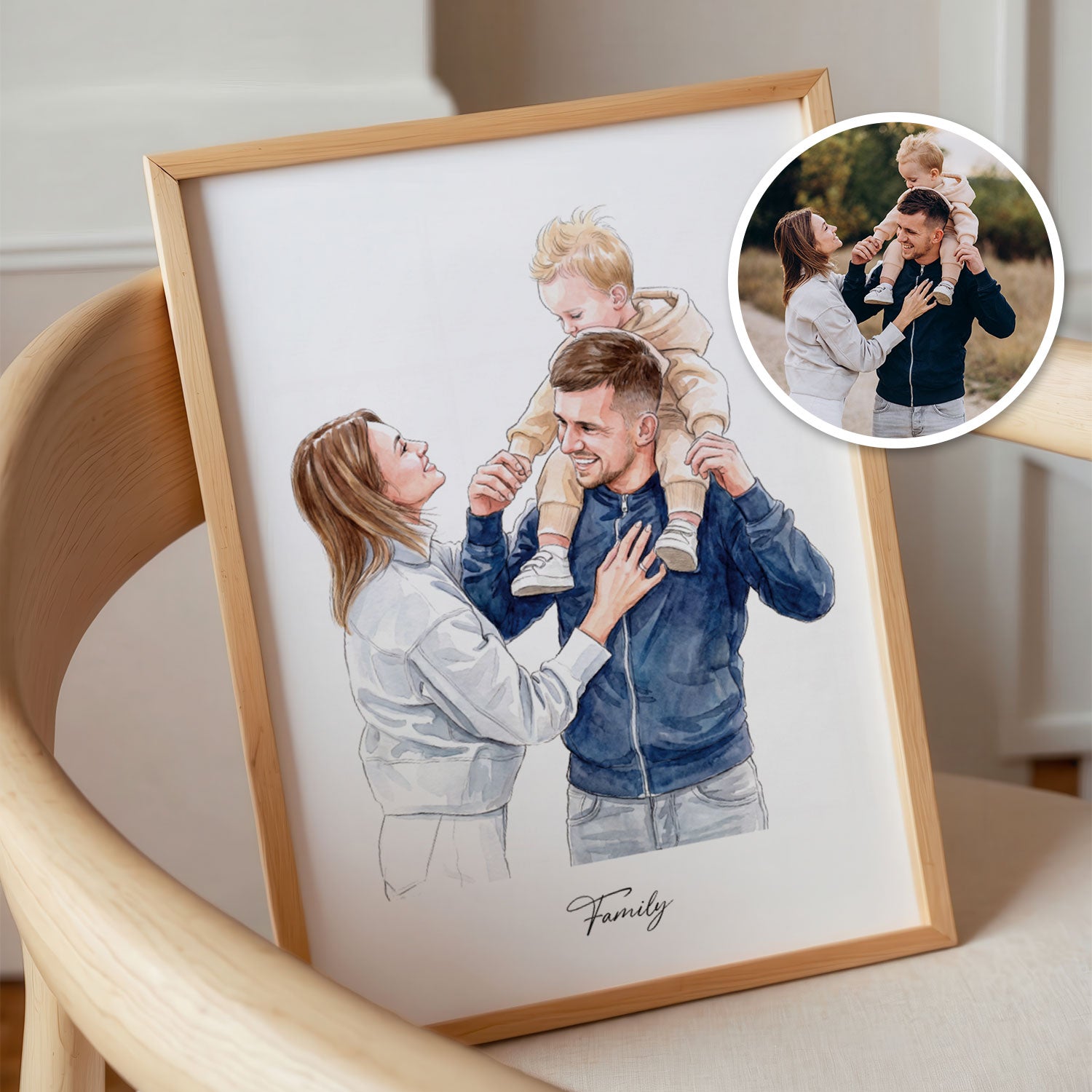 Aquarelportret van familie omgezet van foto naar schilderij – origineel cadeau
