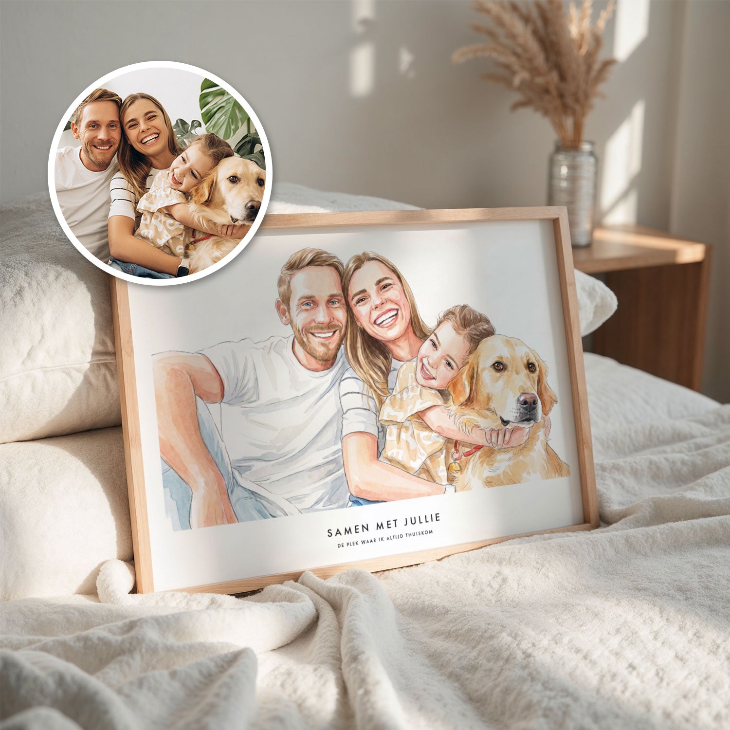 Gepersonaliseerd aquarelportret van gezin als illustratie – uniek familiecadeau