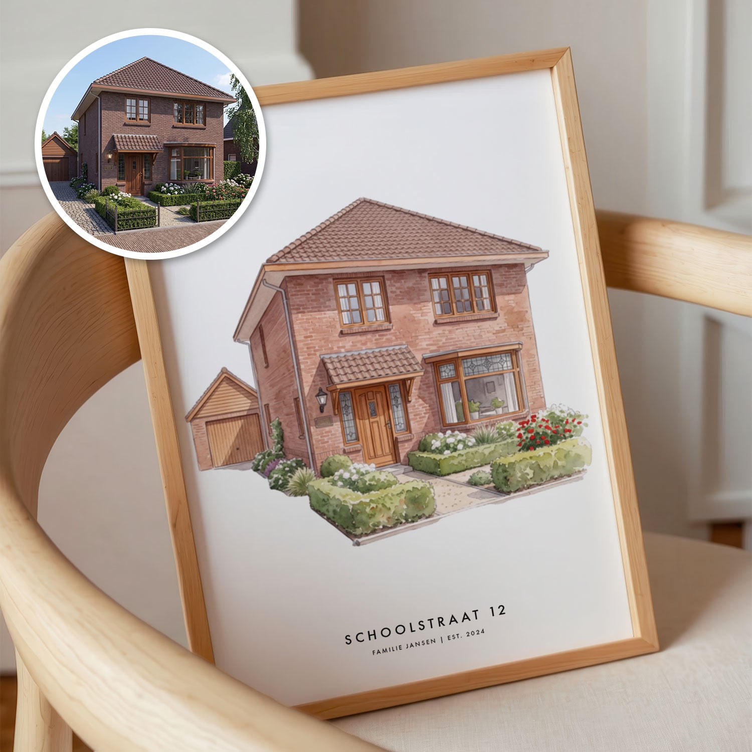 Aquarel huisportret in houten lijst, tekening van foto op een stoel