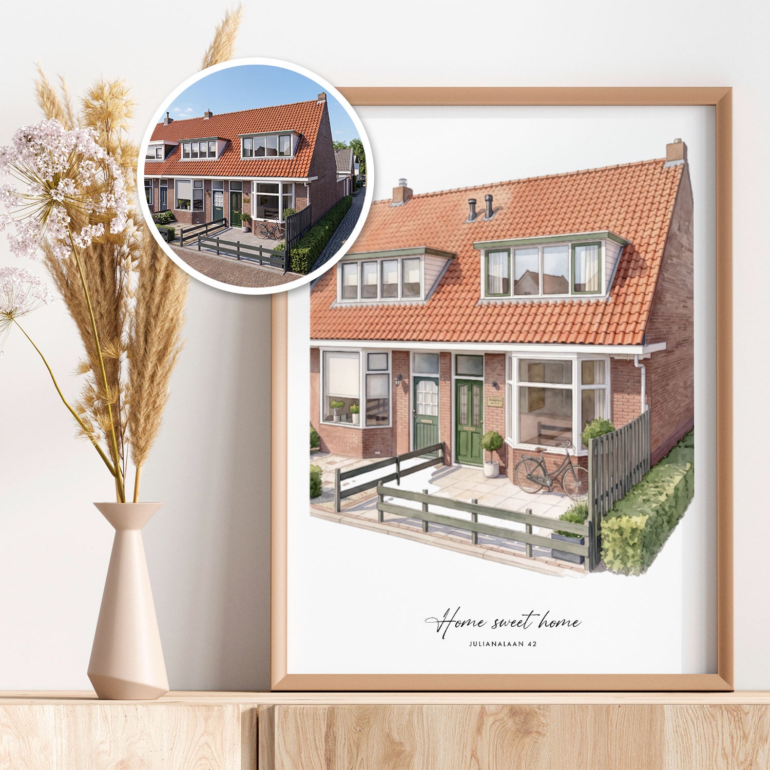Aquarel huisportret op een dressoir, housewarming cadeau met adrestekst