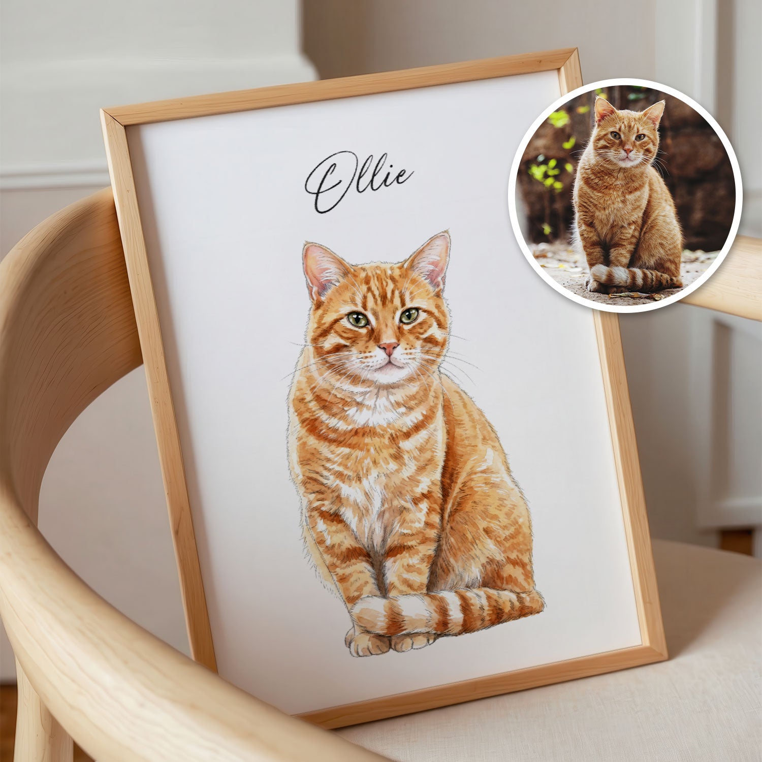 Huisdierportret van kat omgezet van foto naar illustratie in lijst – gepersonaliseerd cadeau