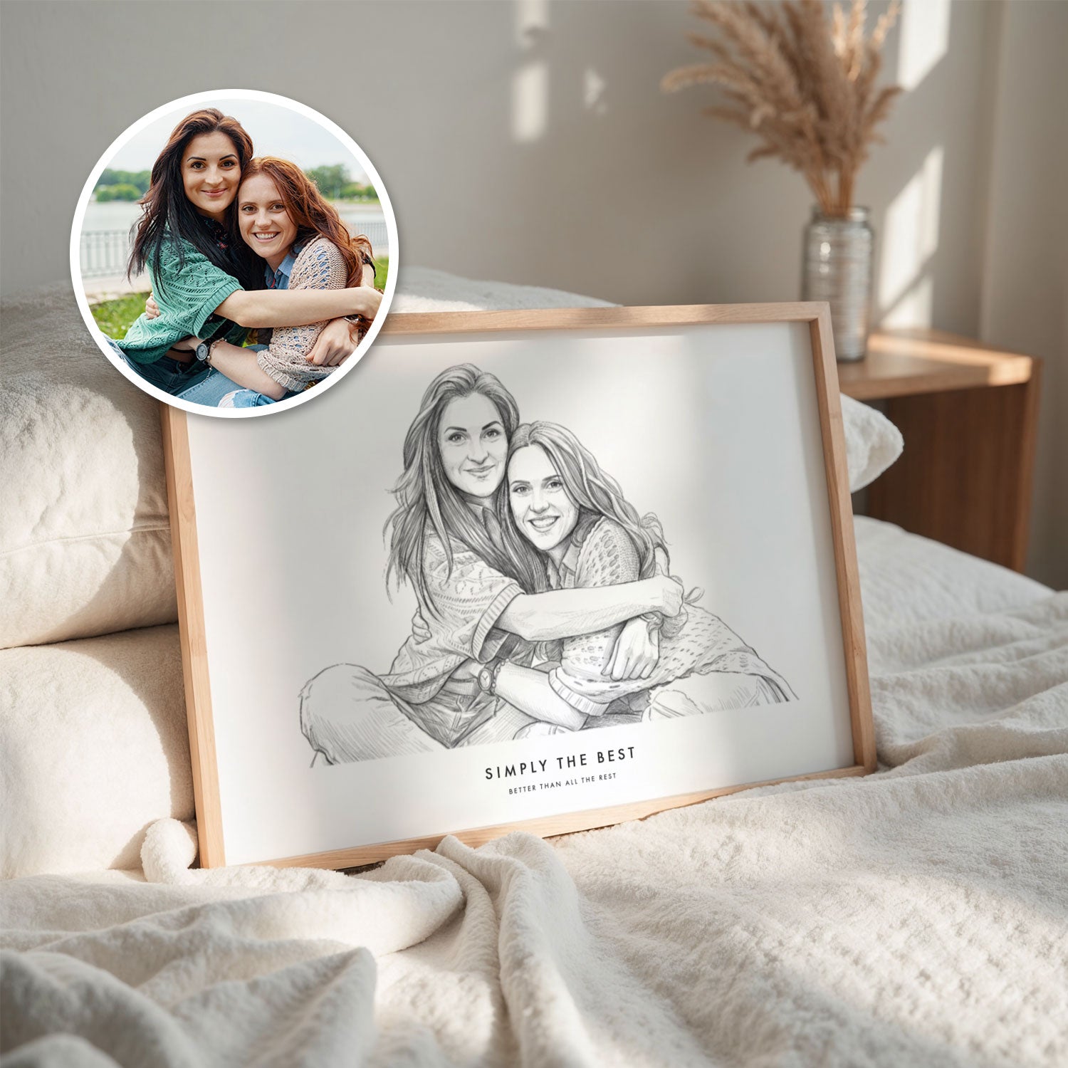 Ingelijste potloodschets van vriendinnen poster, persoonlijk cadeau