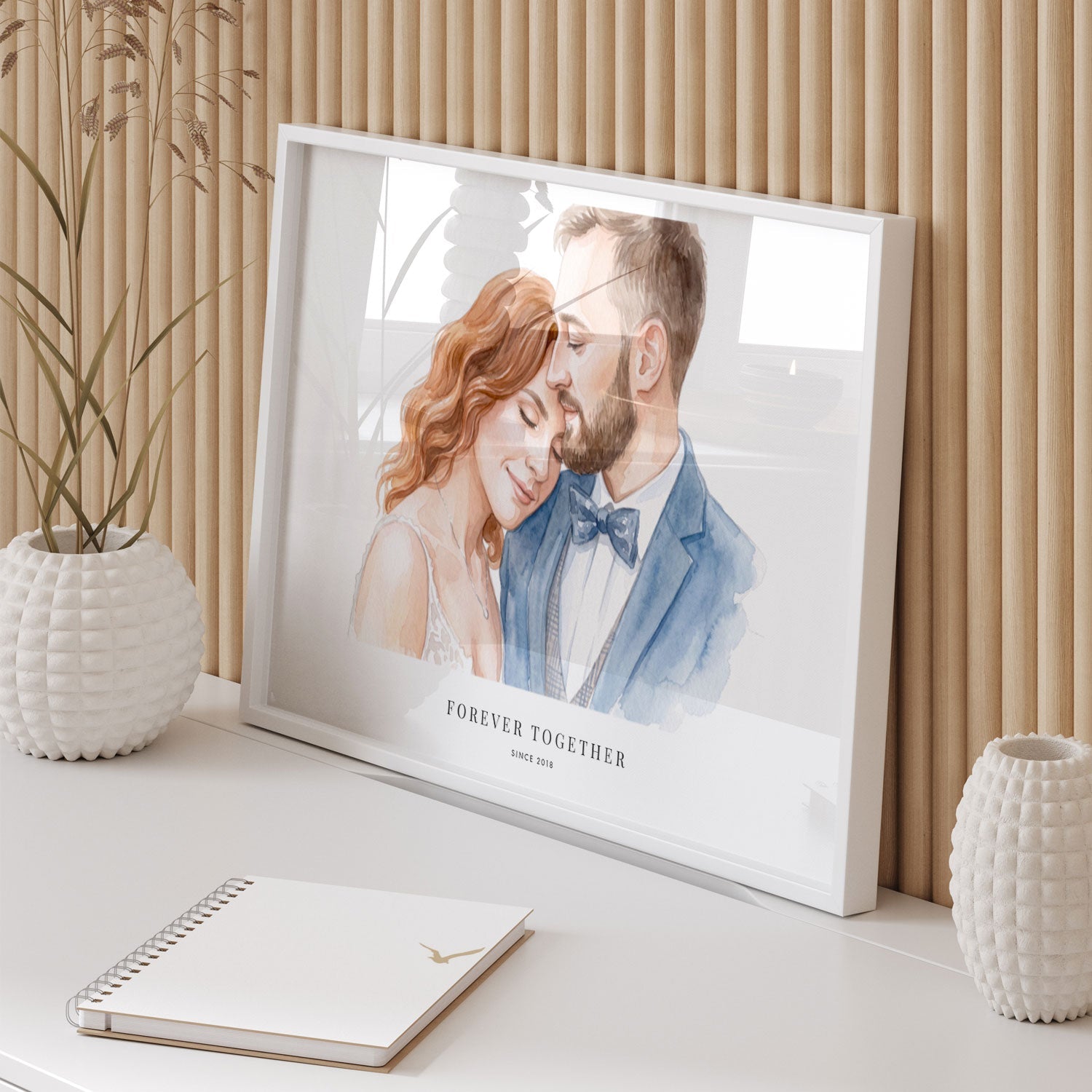 Romantisch bruiloft cadeau: aquarel portret van bruidspaar op tafel