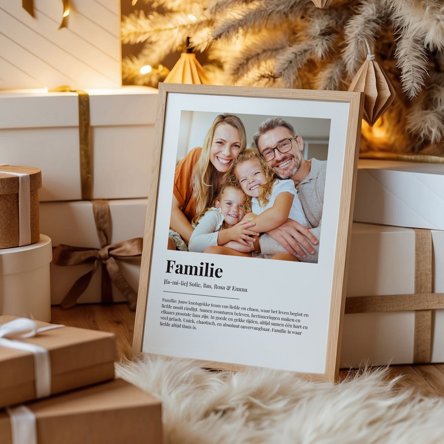 Familie Betekenis Poster met foto in houten lijst bij kerstboom, gepersonaliseerde poster als persoonlijk en origineel cadeau