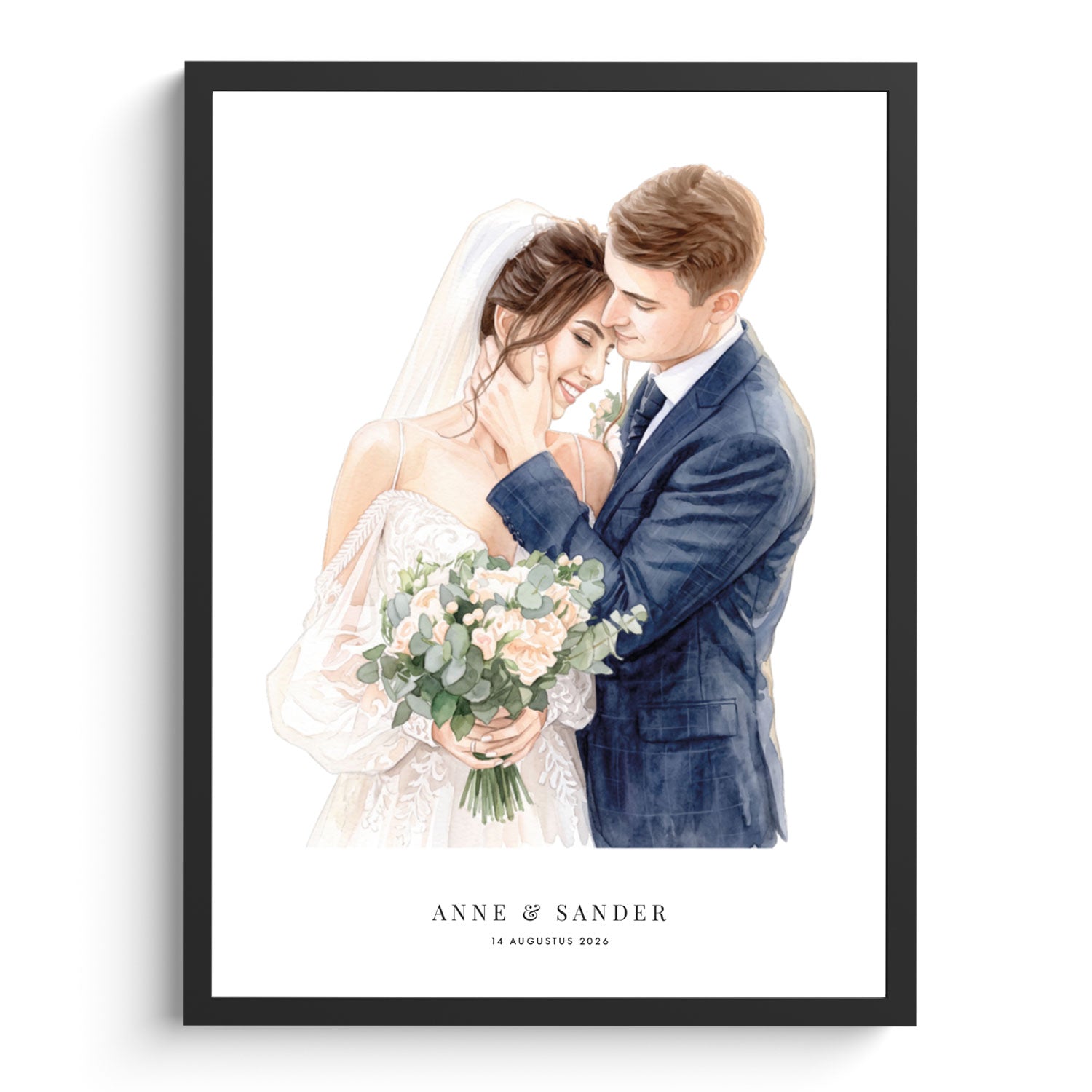 Bruiloft cadeau: tekening van een trouwfoto van Anne en Sander met bloemen en romantische sfeer.