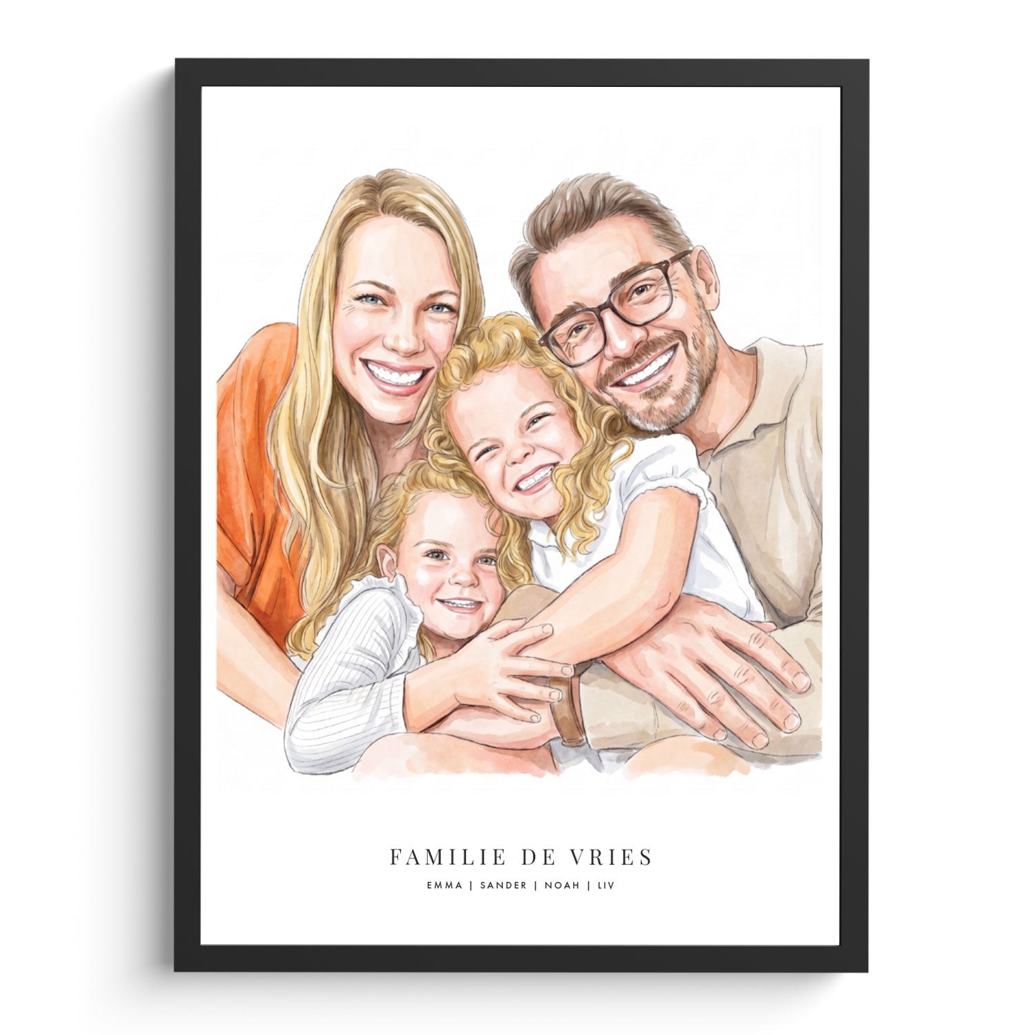 Familie aquarelportret omgezet van foto naar illustratie – gepersonaliseerd cadeau