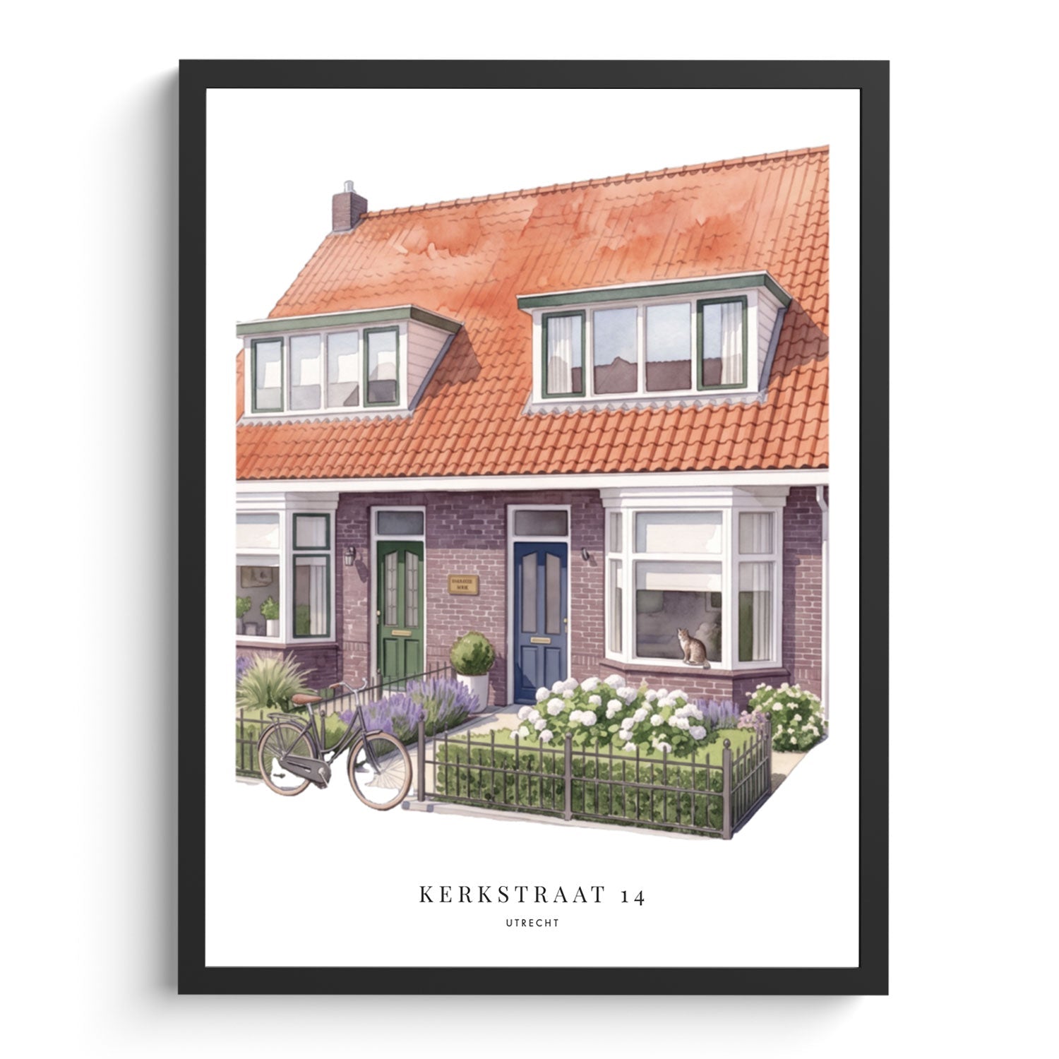 Aquarel portret van huis in lijst, huis tekening in kleur met adres