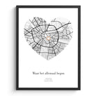 Where it all began poster met stadskaart in hartvorm en de tekst waar het allemaal begon, in zwarte lijst
