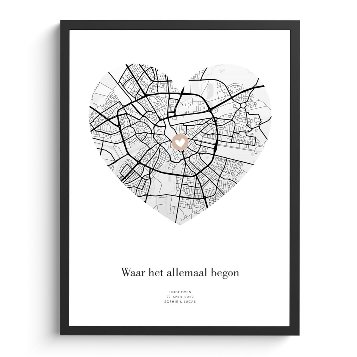 Where it all began poster met stadskaart in hartvorm en de tekst waar het allemaal begon, in zwarte lijst
