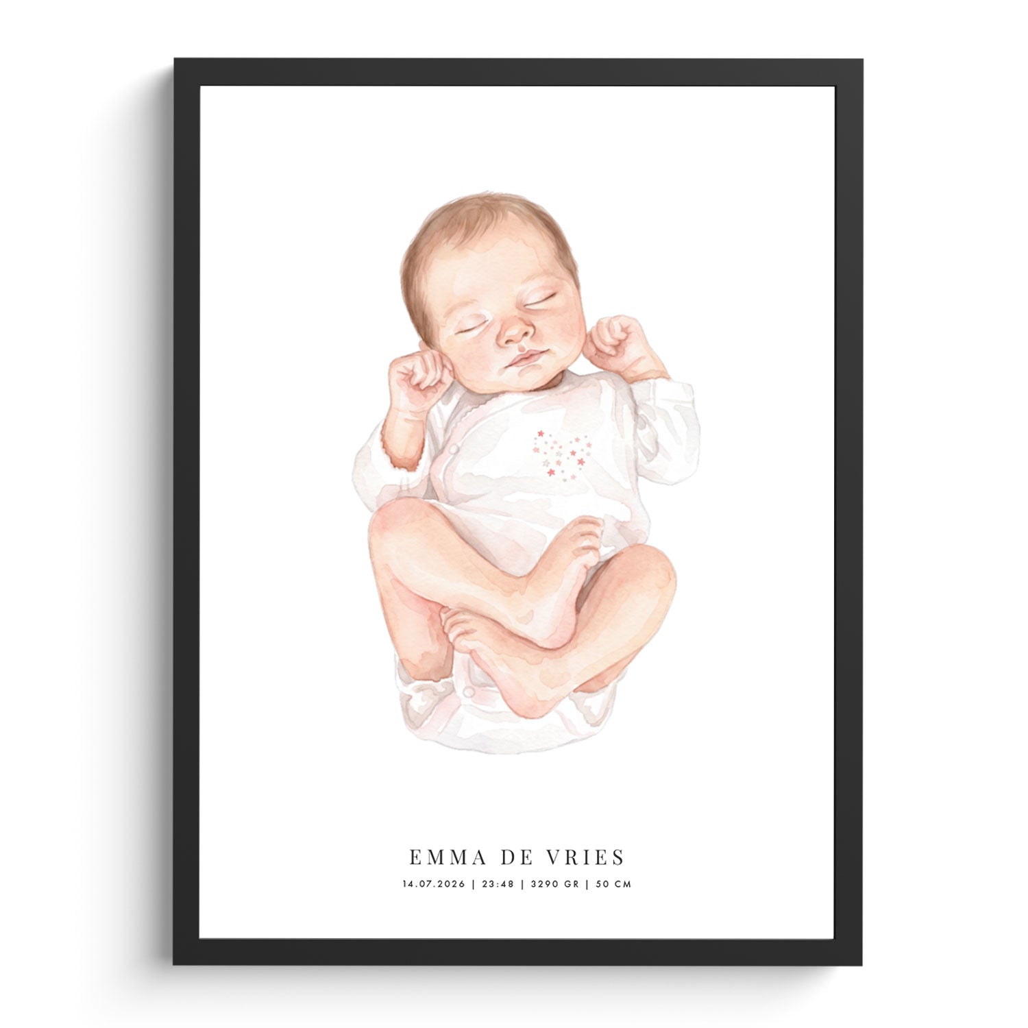 Baby tekening van een slapende baby in een mooi zwart kader met naam en geboortegegevens.
