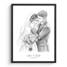 Potloodschets van bruidspaar in lijst, tekening van foto in zwart-wit
