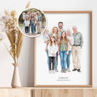 Familie aquarelportret in lijst met bloemen – foto naar illustratie cadeau