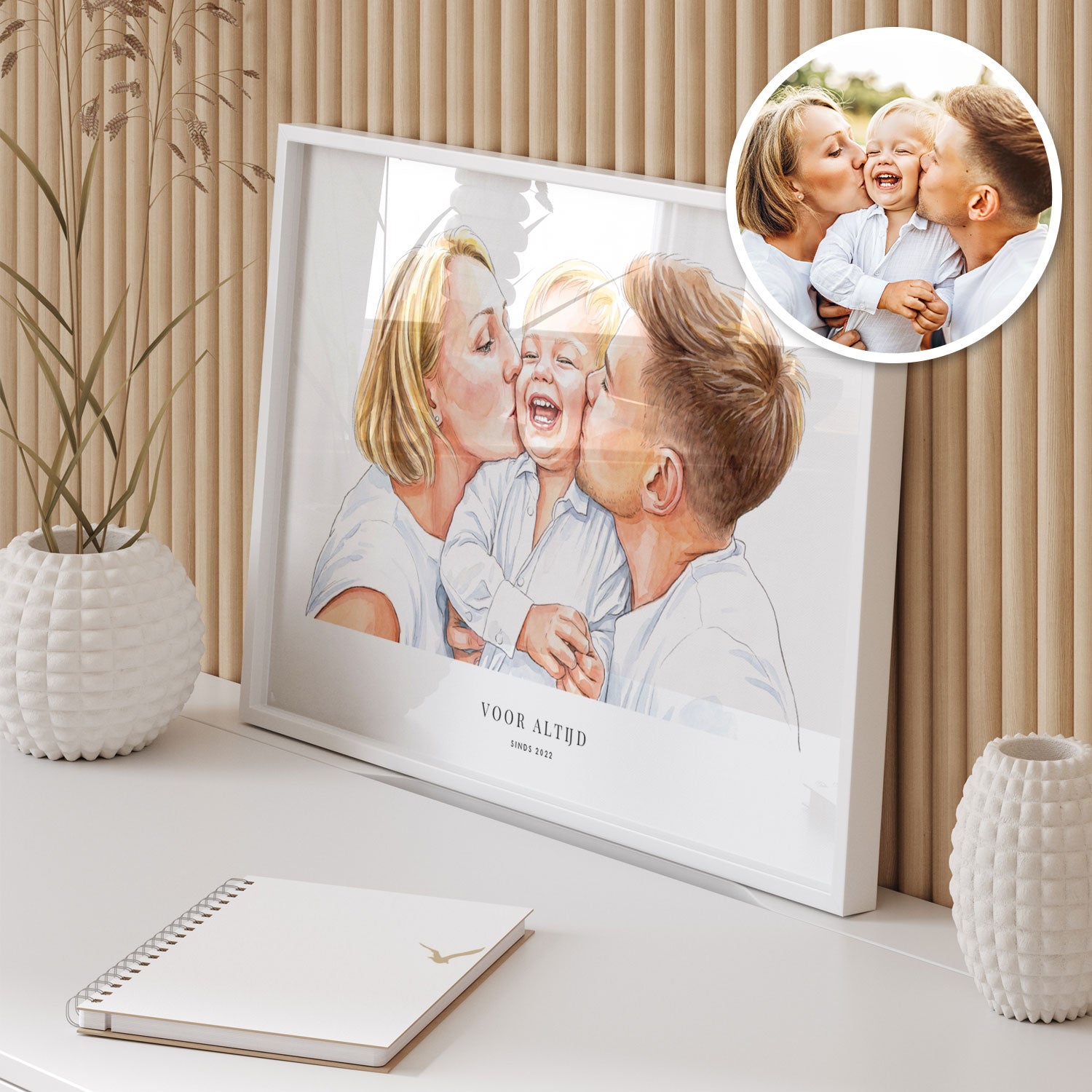 Aquarelportret van ouder met kind – foto omgezet naar illustratie als cadeau