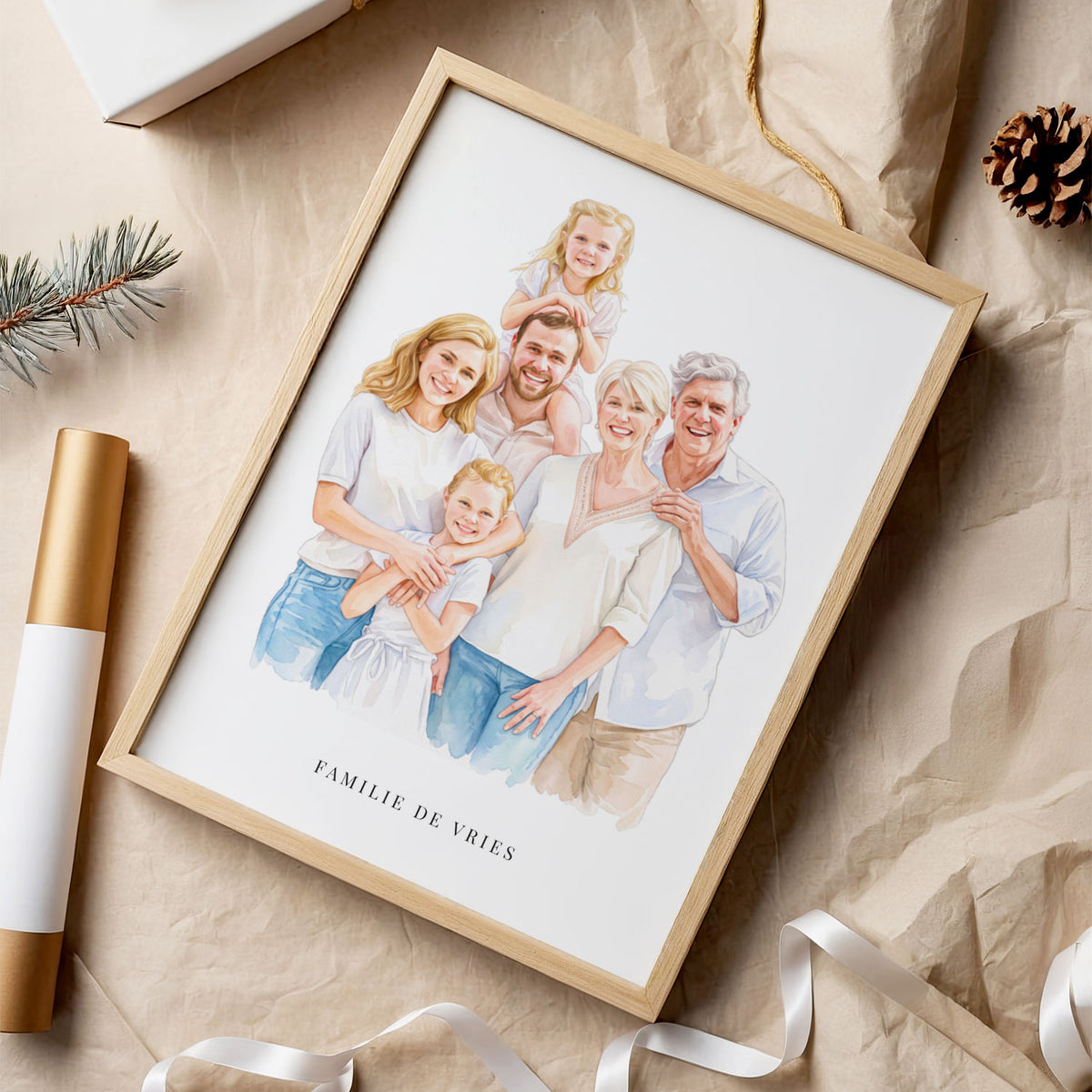 Aquarel familieportret van drie generaties in houten lijst, kerstcadeau voor opa en oma