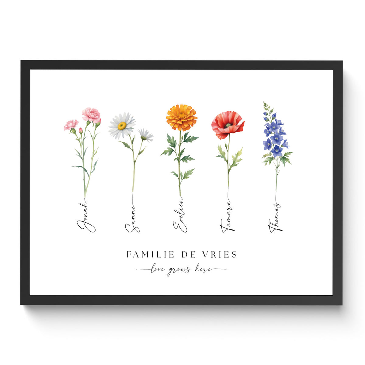 Geboortebloemen poster met namen: elke persoon een eigen bloem uit de geboortemaand