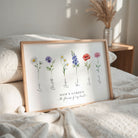 Liggende geboortebloemen poster met namen in houten lijst: zes bloemen met de namen langs de steel, cadeau voor mama