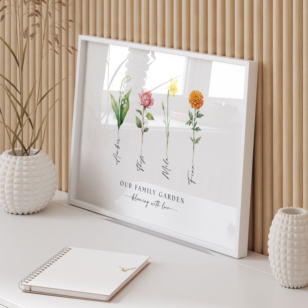 Geboortebloemen gezinsposter met vier bloemen en namen, familieposter met geboortemaanden in liggend formaat