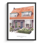 Aquarel portret van huis in lijst, huis tekening in kleur met adres