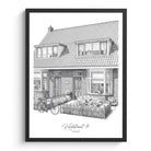 Potloodschets van huis in lijst, huis tekening in zwart-wit met adres