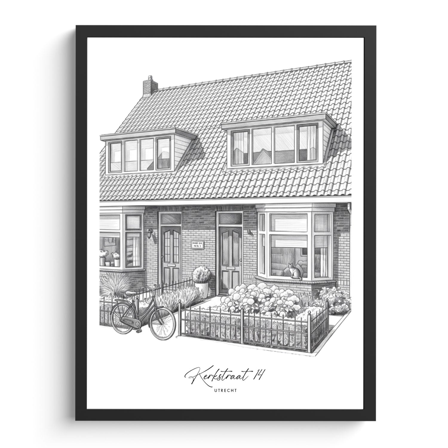 Potloodschets van huis in lijst, huis tekening in zwart-wit met adres