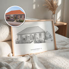 Lijntekening van huis met de originele foto ernaast
