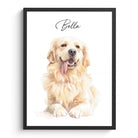 Aquarel tekening van hond Golden Retriever gepersonaliseerd huisdier portret in zwarte fotolijst