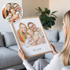 Vrouw houdt gepersonaliseerd aquarel familieportret vast – uniek moederdag cadeau van foto