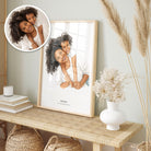 Aquarel portret moeder en kind als woondecoratie op tafel – foto naar illustratie cadeau