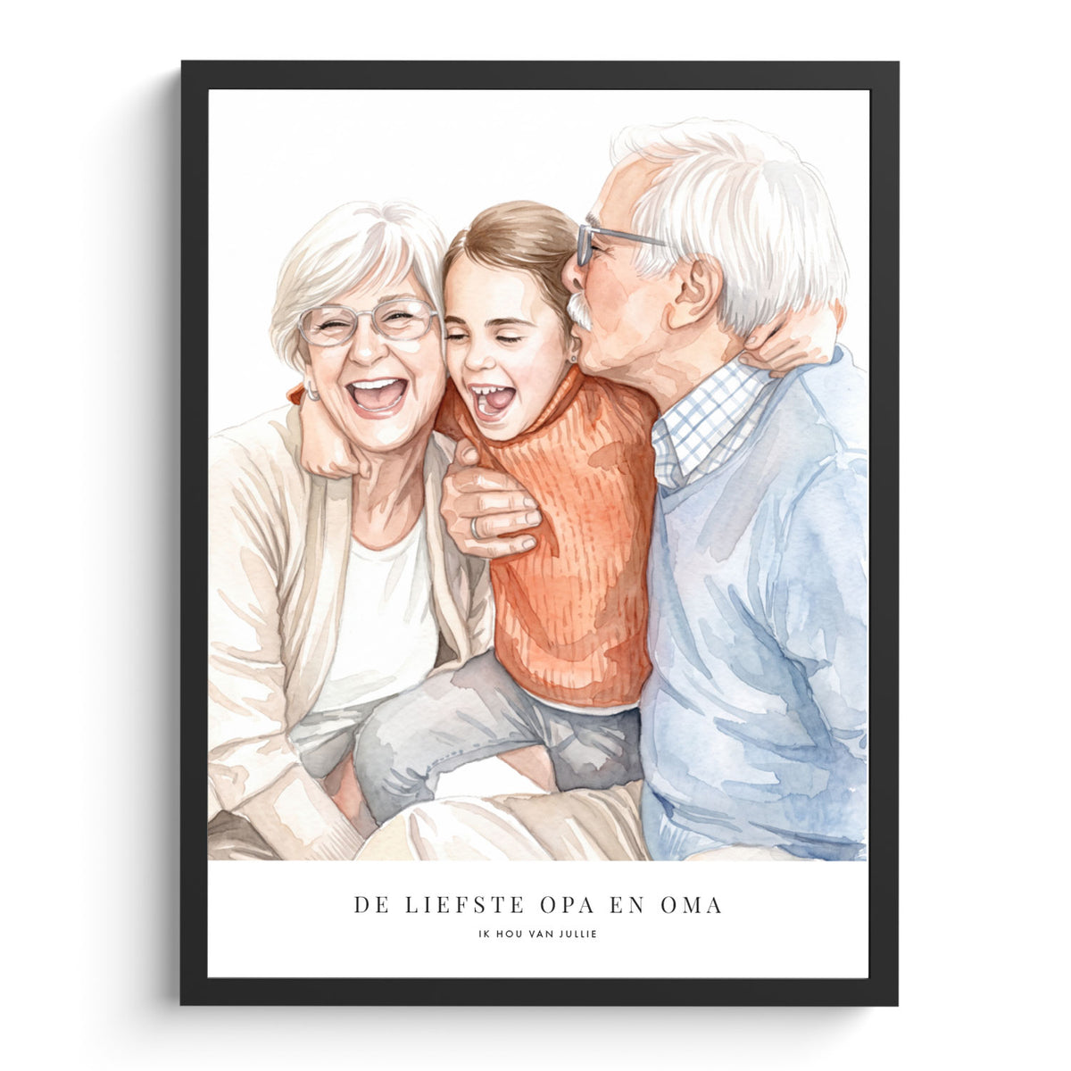 Oma en opa portret in aquarel: tekening van foto van opa en oma met kleindochter in zwarte lijst