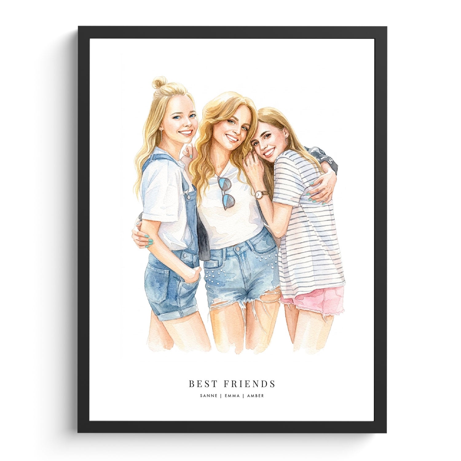 Aquarel portret van vriendinnen in lijst, tekening van foto in kleur