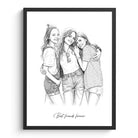 Potloodschets van vriendinnen in lijst, tekening van foto in zwart-wit