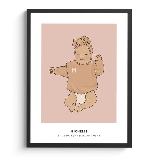 Geboorteposter portret illustratie pasgeboren baby